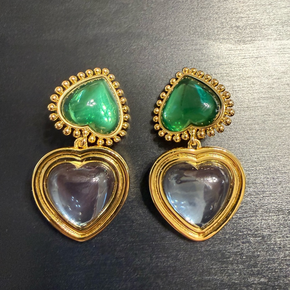 NEW Tory Burch Green & Blue heart drop clip-on earrings - Picture 3 of 10